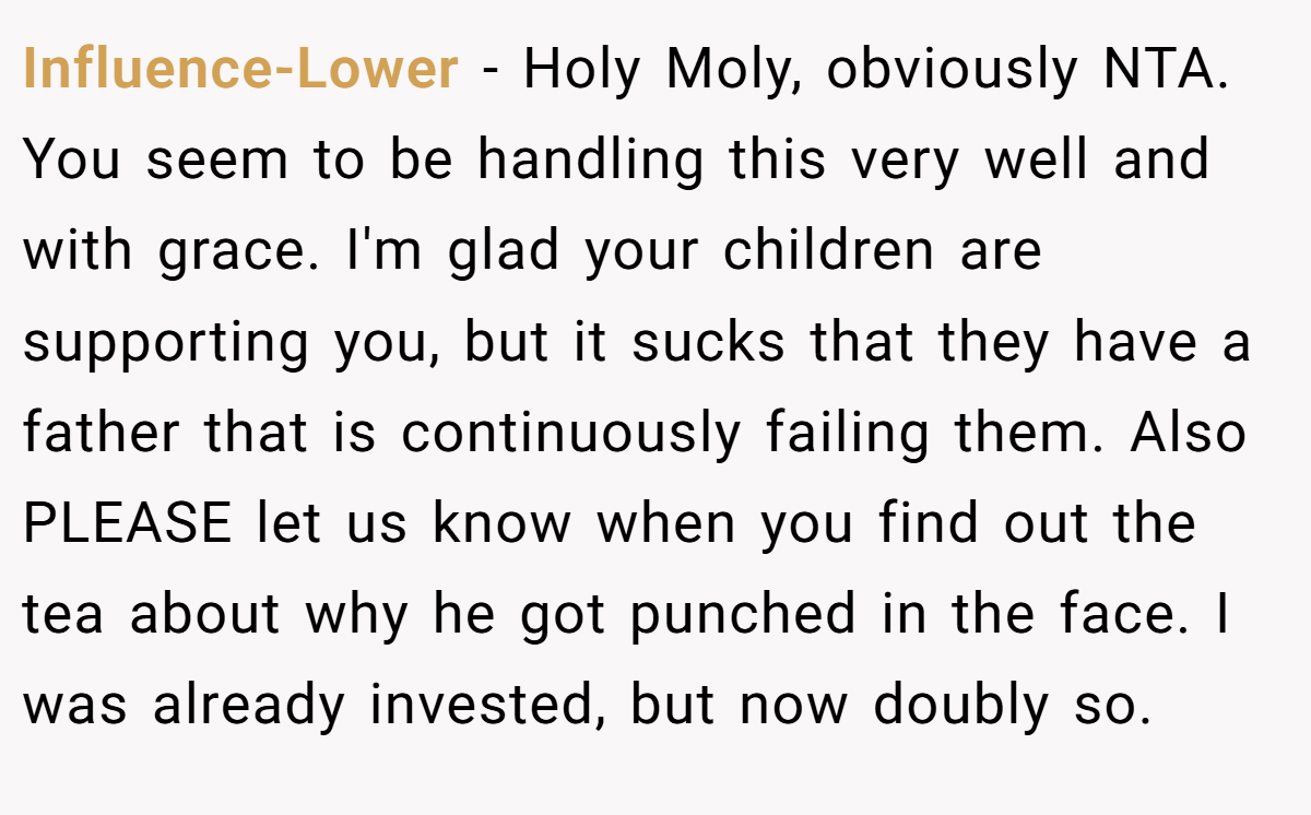 Influence-Lower − Holy Moly, obviously NTA. You seem to be handling this very well and with grace. I'm glad your children are supporting you, but it sucks that they have a father that is continuously failing them. Also PLEASE let us know when you find out the tea about why he got punched in the face. I was already invested, but now doubly so.