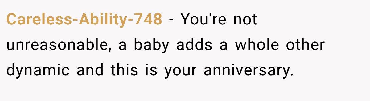 Careless-Ability-748 − You're not unreasonable, a baby adds a whole other dynamic and this is your anniversary.