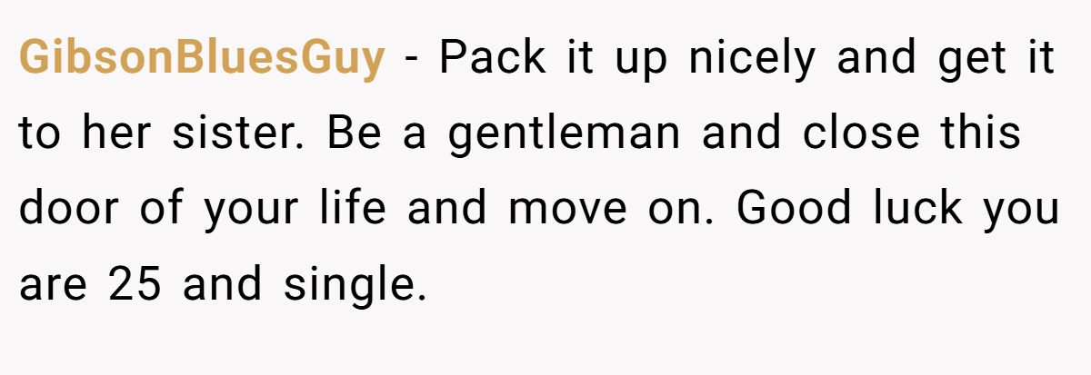 GibsonBluesGuy − Pack it up nicely and get it to her sister. Be a gentleman and close this door of your life and move on. Good luck you are 25 and single.