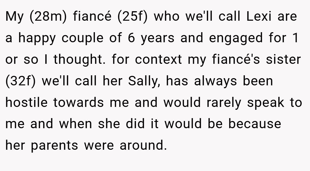 My (28m) fiancé (25f) who we'll call Lexi are a happy couple of 6 years and engaged for 1 or so I thought. for context my fiancé's sister (32f) we'll call her Sally, has always been hostile towards me and would rarely speak to me and when she did it would be because her parents were around.
