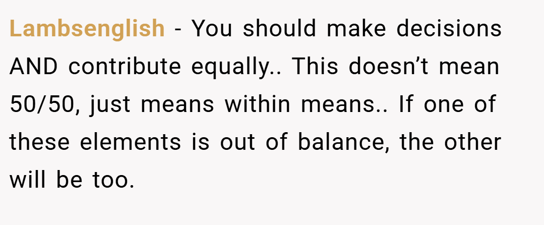 Lambsenglish − You should make decisions AND contribute equally.. This doesn’t mean 50/50, just means within means.. If one of these elements is out of balance, the other will be too.