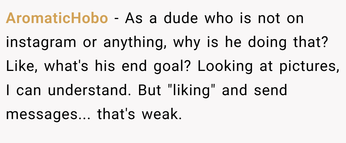 AromaticHobo − As a dude who is not on instagram or anything, why is he doing that? Like, what's his end goal? Looking at pictures, I can understand. But 
