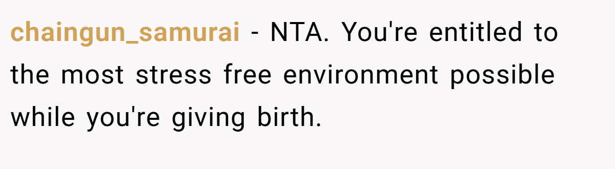 chaingun_samurai − NTA. You're entitled to the most stress free environment possible while you're giving birth.