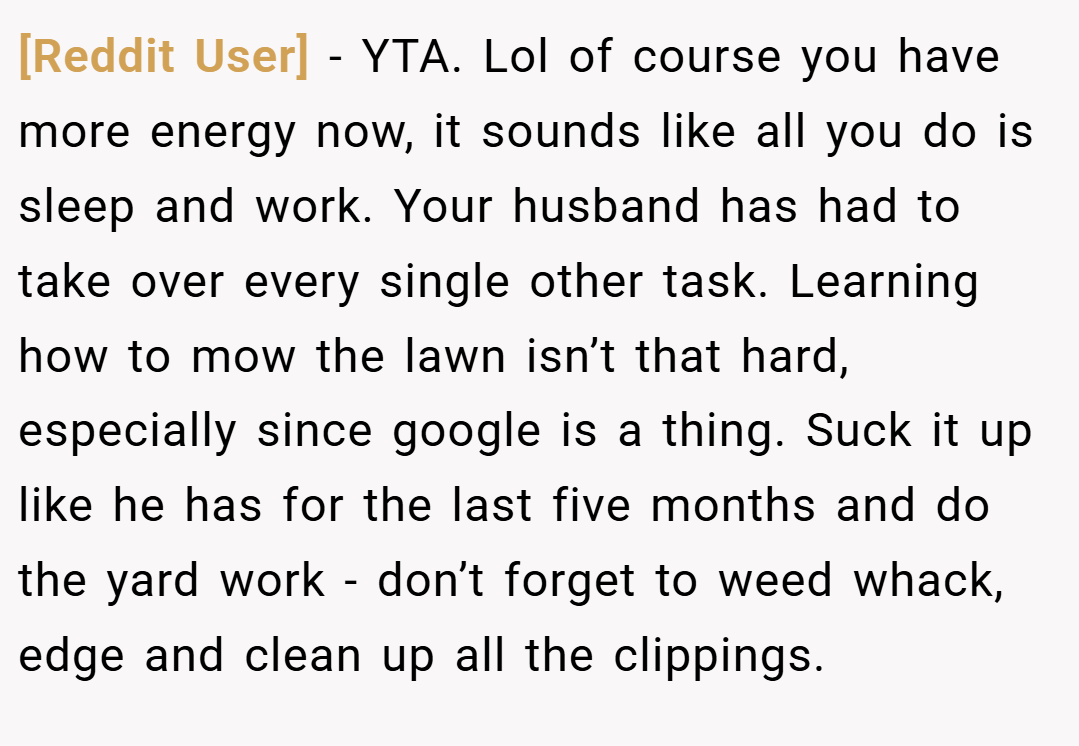 [Reddit User] − YTA. Lol of course you have more energy now, it sounds like all you do is sleep and work. Your husband has had to take over every single other task. Learning how to mow the lawn isn’t that hard, especially since google is a thing. Suck it up like he has for the last five months and do the yard work - don’t forget to weed whack, edge and clean up all the clippings.