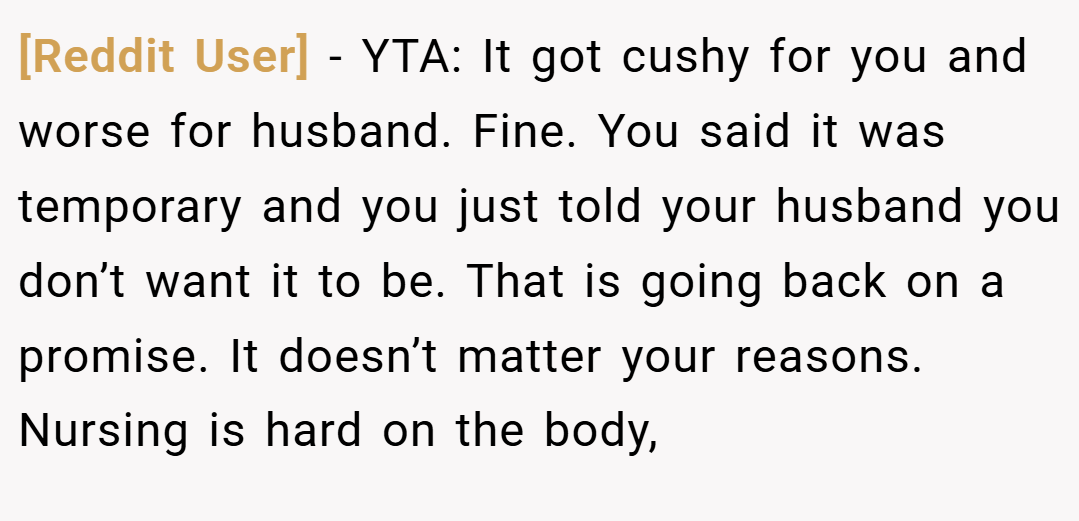 [Reddit User] − YTA: It got cushy for you and worse for husband. Fine. You said it was temporary and you just told your husband you don’t want it to be. That is going back on a promise. It doesn’t matter your reasons. Nursing is hard on the body,