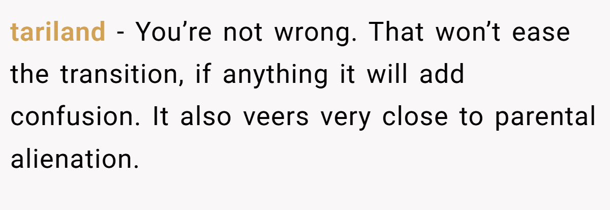 tariland − You’re not wrong. That won’t ease the transition, if anything it will add confusion. It also veers very close to parental alienation.