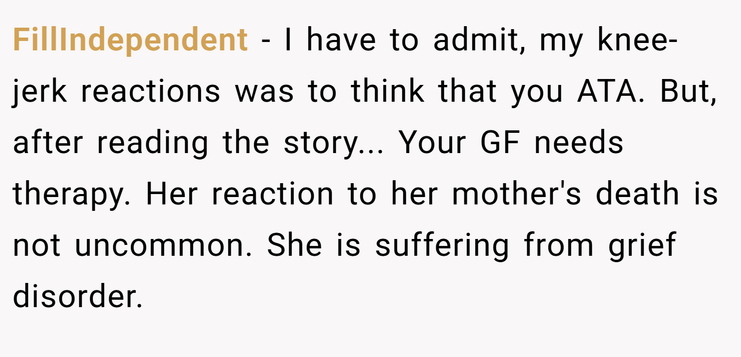 FillIndependent − I have to admit, my knee-jerk reactions was to think that you ATA. But, after reading the story... Your GF needs therapy. Her reaction to her mother's death is not uncommon. She is suffering from grief disorder.