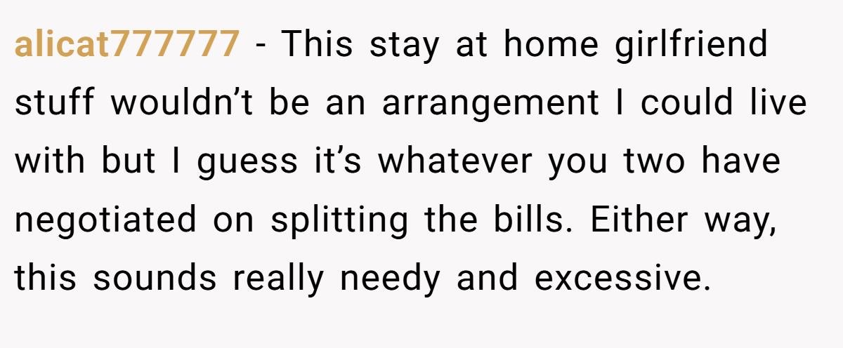 alicat777777 − This stay at home girlfriend stuff wouldn’t be an arrangement I could live with but I guess it’s whatever you two have negotiated on splitting the bills. Either way, this sounds really needy and excessive.