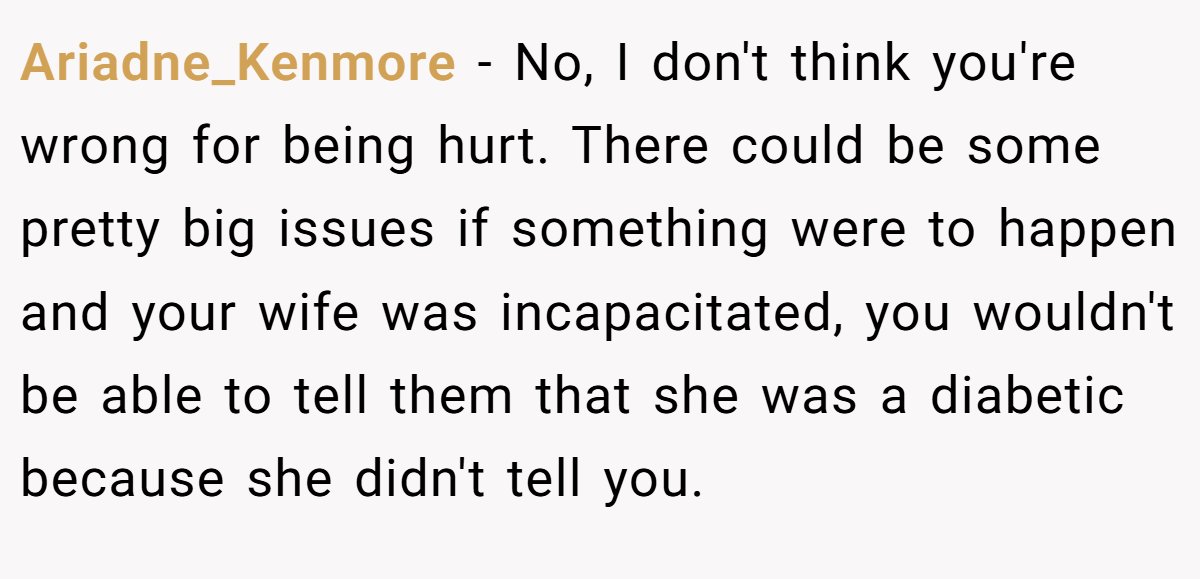 Ariadne_Kenmore − No, I don't think you're wrong for being hurt. There could be some pretty big issues if something were to happen and your wife was incapacitated, you wouldn't be able to tell them that she was a diabetic because she didn't tell you.