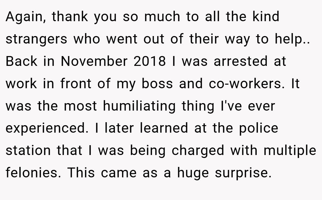 Again, thank you so much to all the kind strangers who went out of their way to help.. Back in November 2018 I was arrested at work in front of my boss and co-workers. It was the most humiliating thing I've ever experienced. I later learned at the police station that I was being charged with multiple felonies. This came as a huge surprise.