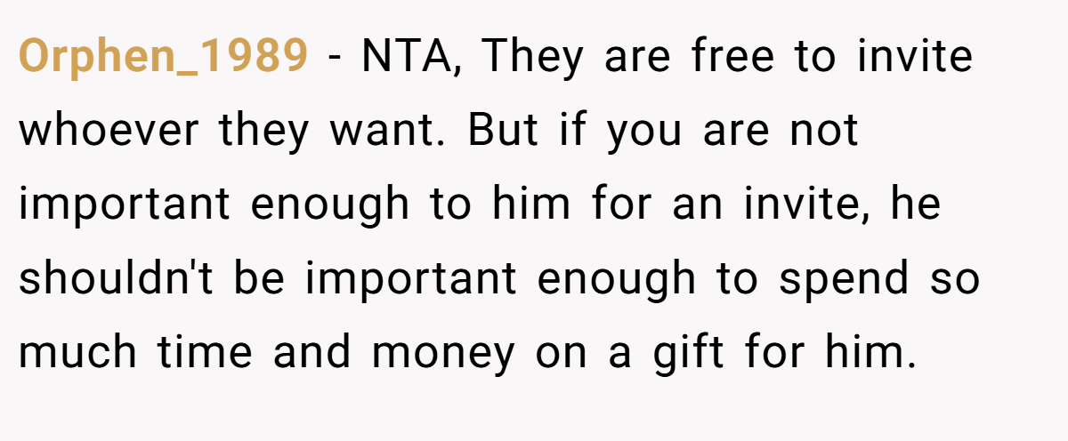 Orphen_1989 − NTA, They are free to invite whoever they want. But if you are not important enough to him for an invite, he shouldn't be important enough to spend so much time and money on a gift for him.