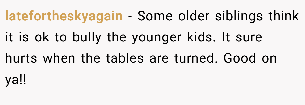latefortheskyagain − Some older siblings think it is ok to bully the younger kids. It sure hurts when the tables are turned. Good on ya!!