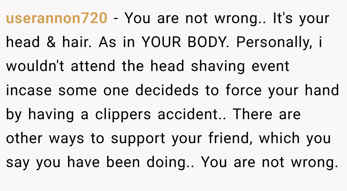 userannon720 − You are not wrong.. It's your head & hair. As in YOUR BODY. Personally, i wouldn't attend the head shaving event incase some one decideds to force your hand by having a clippers accident.. There are other ways to support your friend, which you say you have been doing.. You are not wrong.