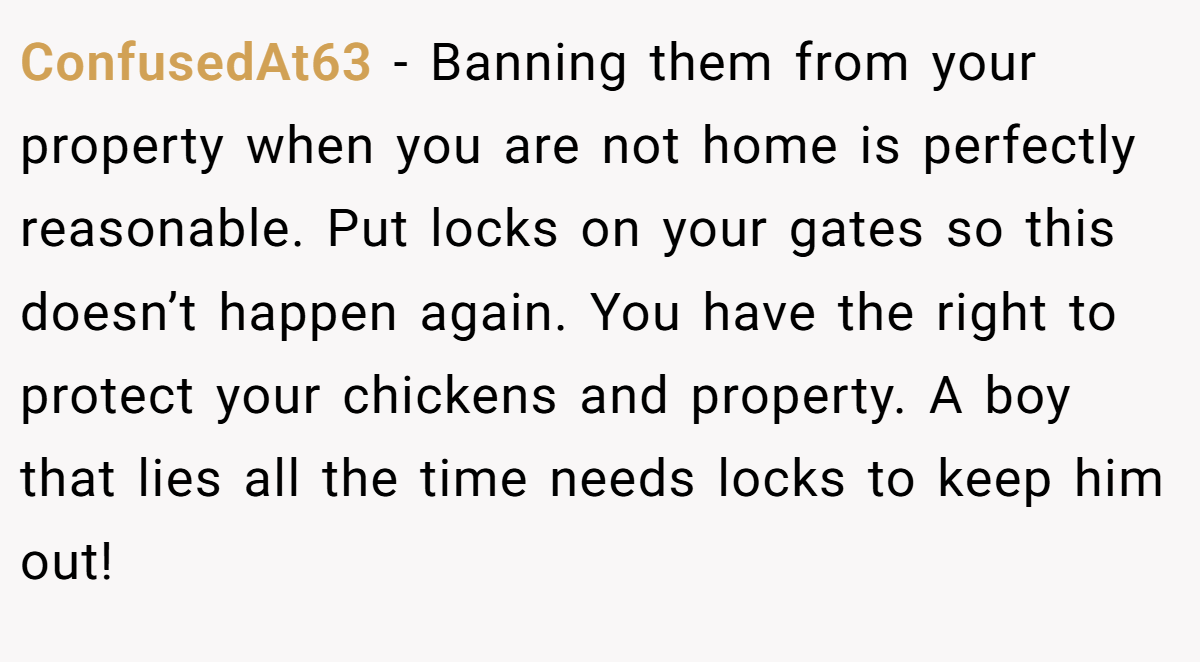 ConfusedAt63 − Banning them from your property when you are not home is perfectly reasonable. Put locks on your gates so this doesn’t happen again. You have the right to protect your chickens and property. A boy that lies all the time needs locks to keep him out!