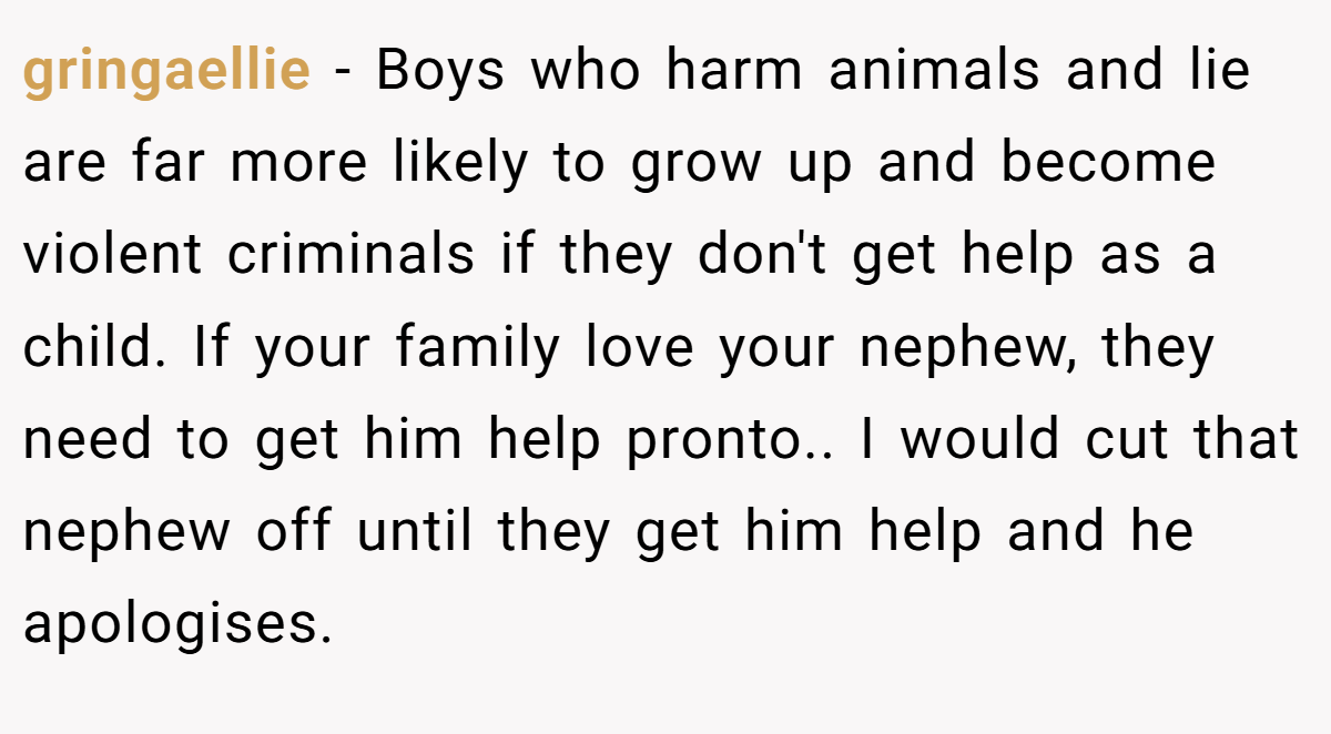 gringaellie − Boys who harm animals and lie are far more likely to grow up and become violent criminals if they don't get help as a child. If your family love your nephew, they need to get him help pronto.. I would cut that nephew off until they get him help and he apologises.