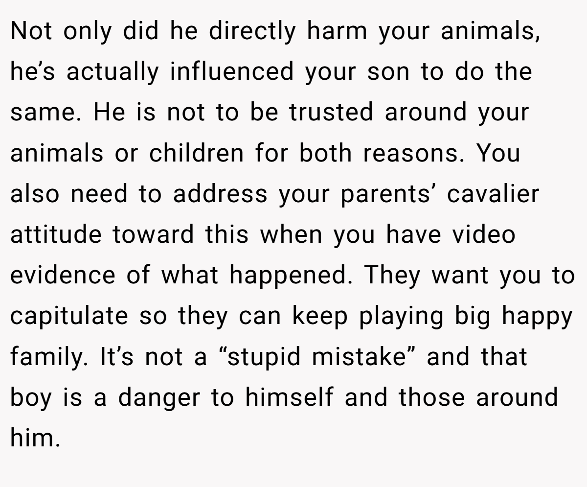 Not only did he directly harm your animals, he’s actually influenced your son to do the same. He is not to be trusted around your animals or children for both reasons. You also need to address your parents’ cavalier attitude toward this when you have video evidence of what happened. They want you to capitulate so they can keep playing big happy family. It’s not a “stupid mistake” and that boy is a danger to himself and those around him.