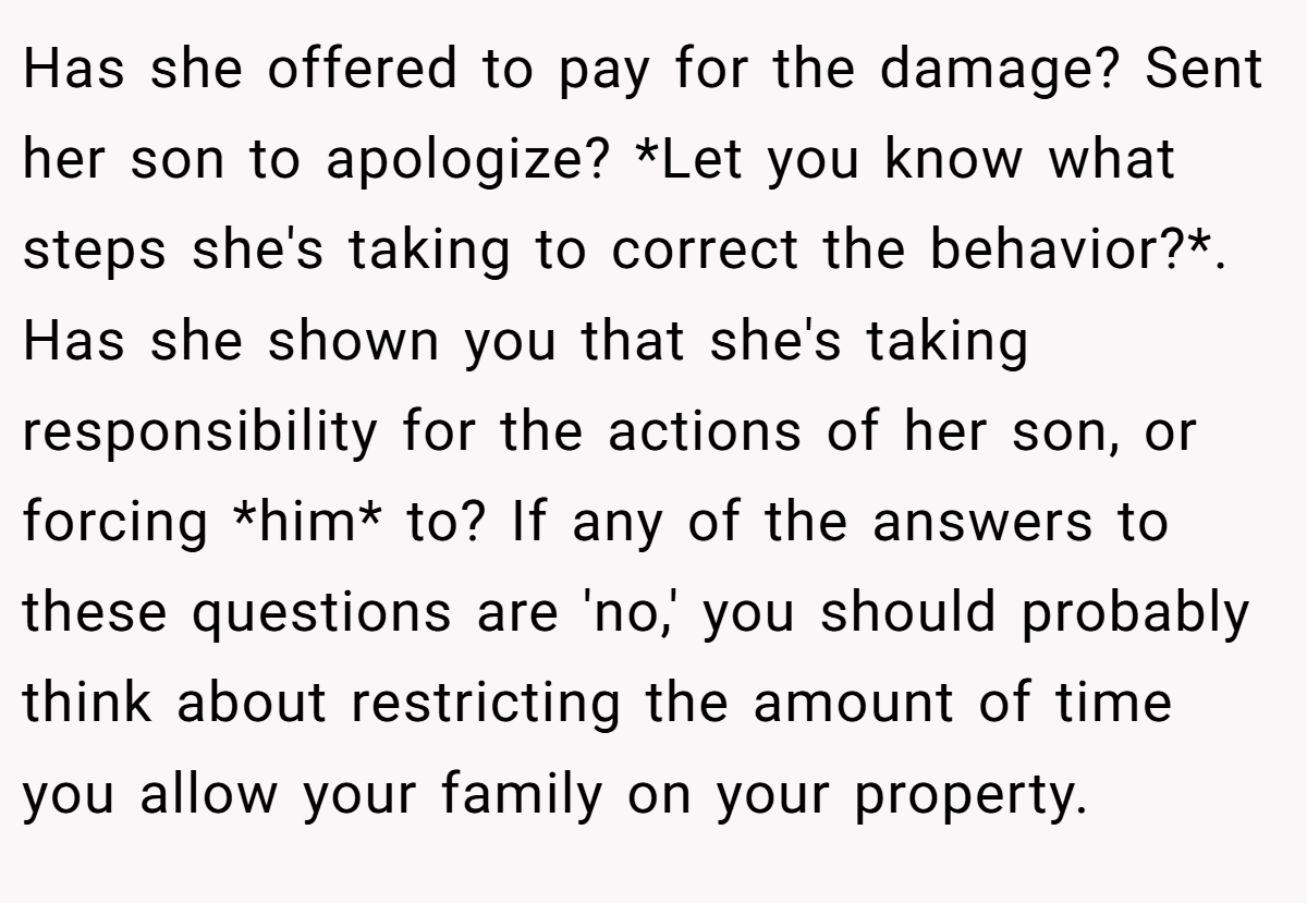 Has she offered to pay for the damage? Sent her son to apologize? *Let you know what steps she's taking to correct the behavior?*. Has she shown you that she's taking responsibility for the actions of her son, or forcing *him* to? If any of the answers to these questions are 'no,' you should probably think about restricting the amount of time you allow your family on your property.