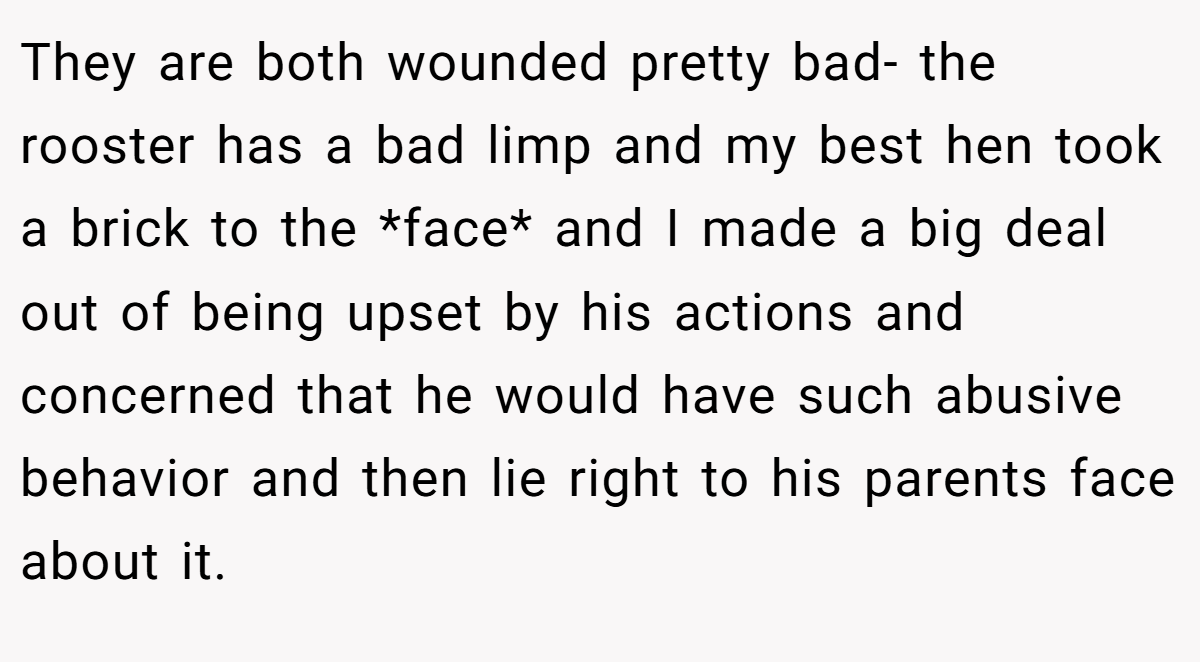 They are both wounded pretty bad- the rooster has a bad limp and my best hen took a brick to the *face* and I made a big deal out of being upset by his actions and concerned that he would have such abusive behavior and then lie right to his parents face about it.