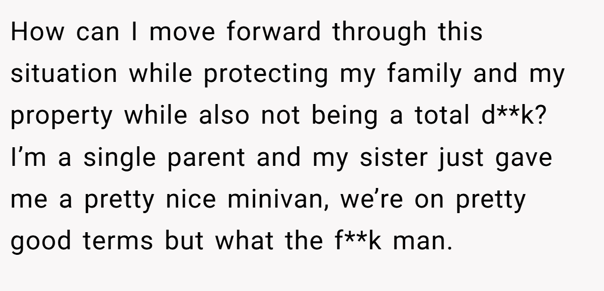How can I move forward through this situation while protecting my family and my property while also not being a total d**k? I’m a single parent and my sister just gave me a pretty nice minivan, we’re on pretty good terms but what the f**k man.