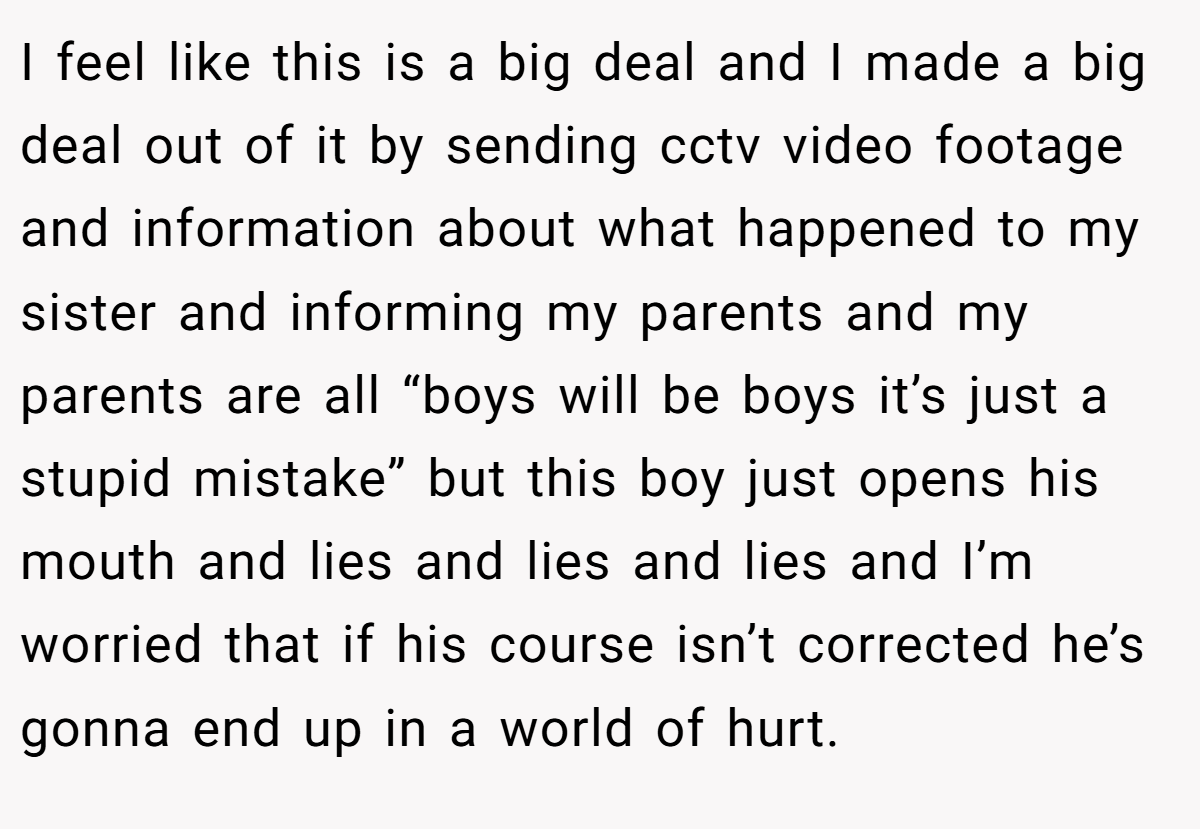 I feel like this is a big deal and I made a big deal out of it by sending cctv video footage and information about what happened to my sister and informing my parents and my parents are all “boys will be boys it’s just a stupid mistake” but this boy just opens his mouth and lies and lies and lies and I’m worried that if his course isn’t corrected he’s gonna end up in a world of hurt.