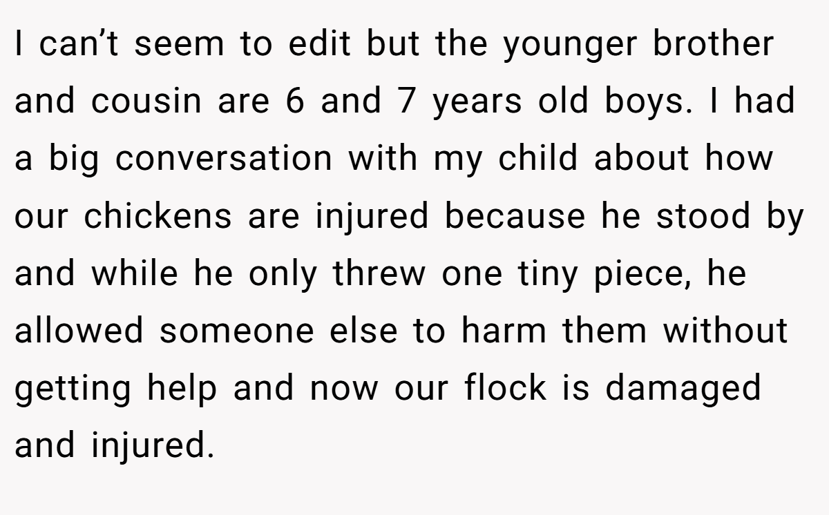 I can’t seem to edit but the younger brother and cousin are 6 and 7 years old boys. I had a big conversation with my child about how our chickens are injured because he stood by and while he only threw one tiny piece, he allowed someone else to harm them without getting help and now our flock is damaged and injured.