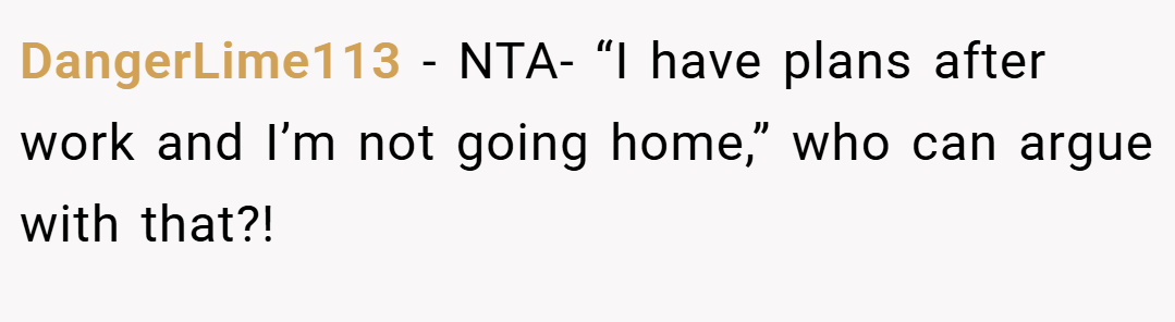 DangerLime113 − NTA- “I have plans after work and I’m not going home,” who can argue with that?!