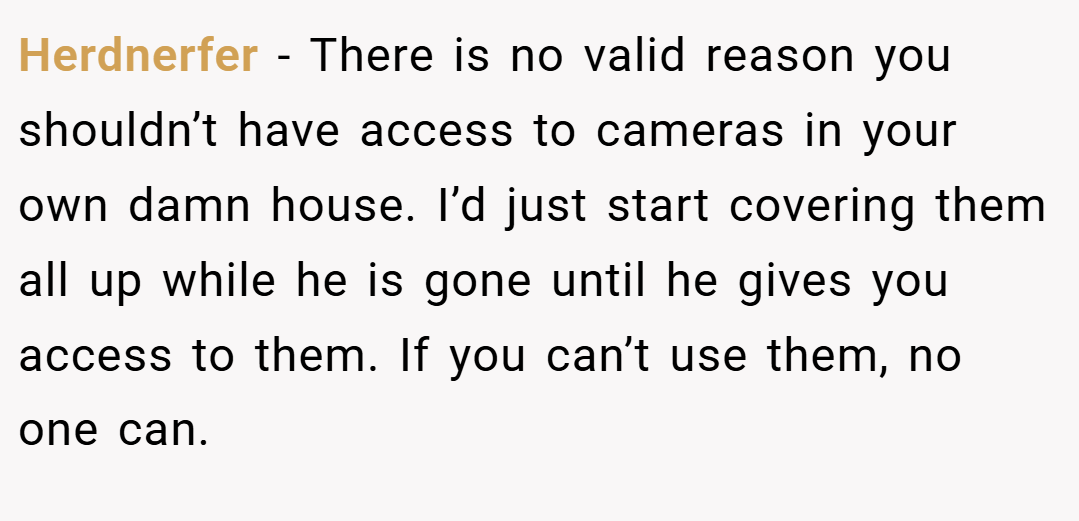 Herdnerfer − There is no valid reason you shouldn’t have access to cameras in your own damn house. I’d just start covering them all up while he is gone until he gives you access to them. If you can’t use them, no one can.