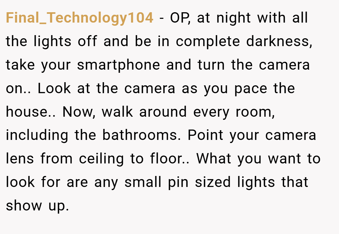 Final_Technology104 − OP, at night with all the lights off and be in complete darkness, take your smartphone and turn the camera on.. Look at the camera as you pace the house.. Now, walk around every room, including the bathrooms. Point your camera lens from ceiling to floor.. What you want to look for are any small pin sized lights that show up.