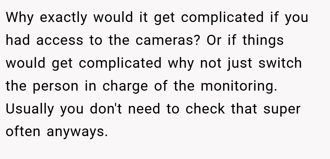 Why exactly would it get complicated if you had access to the cameras? Or if things would get complicated why not just switch the person in charge of the monitoring. Usually you don't need to check that super often anyways.