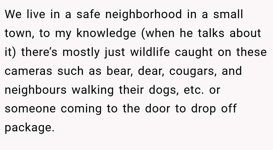 We live in a safe neighborhood in a small town, to my knowledge (when he talks about it) there’s mostly just wildlife caught on these cameras such as bear, dear, cougars, and neighbours walking their dogs, etc. or someone coming to the door to drop off package.