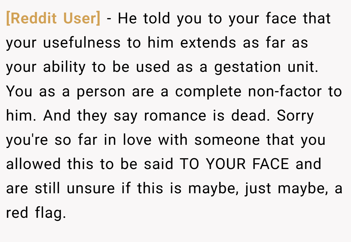 [Reddit User] − He told you to your face that your usefulness to him extends as far as your ability to be used as a gestation unit. You as a person are a complete non-factor to him. And they say romance is dead. Sorry you're so far in love with someone that you allowed this to be said TO YOUR FACE and are still unsure if this is maybe, just maybe, a red flag.