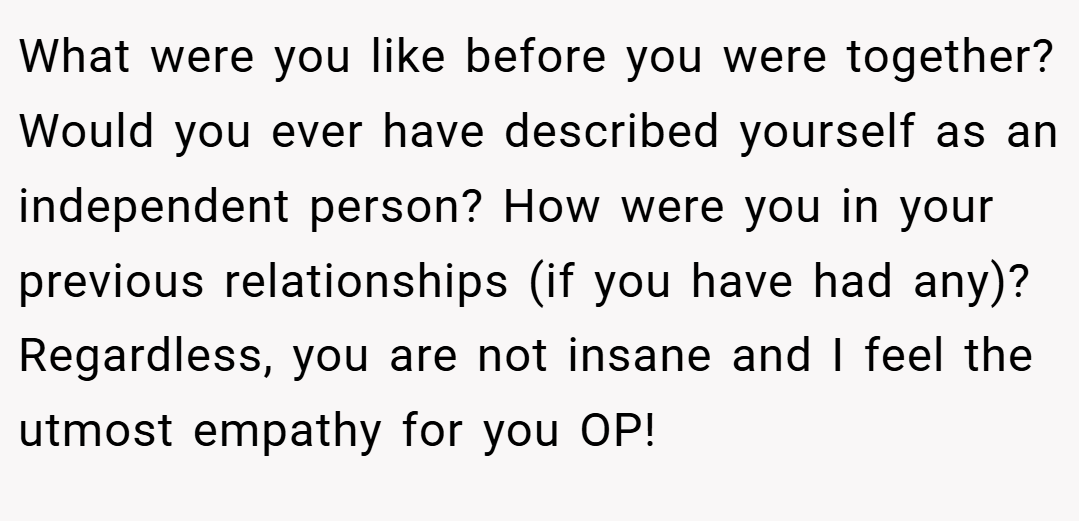 What were you like before you were together? Would you ever have described yourself as an independent person? How were you in your previous relationships (if you have had any)? Regardless, you are not insane and I feel the utmost empathy for you OP!