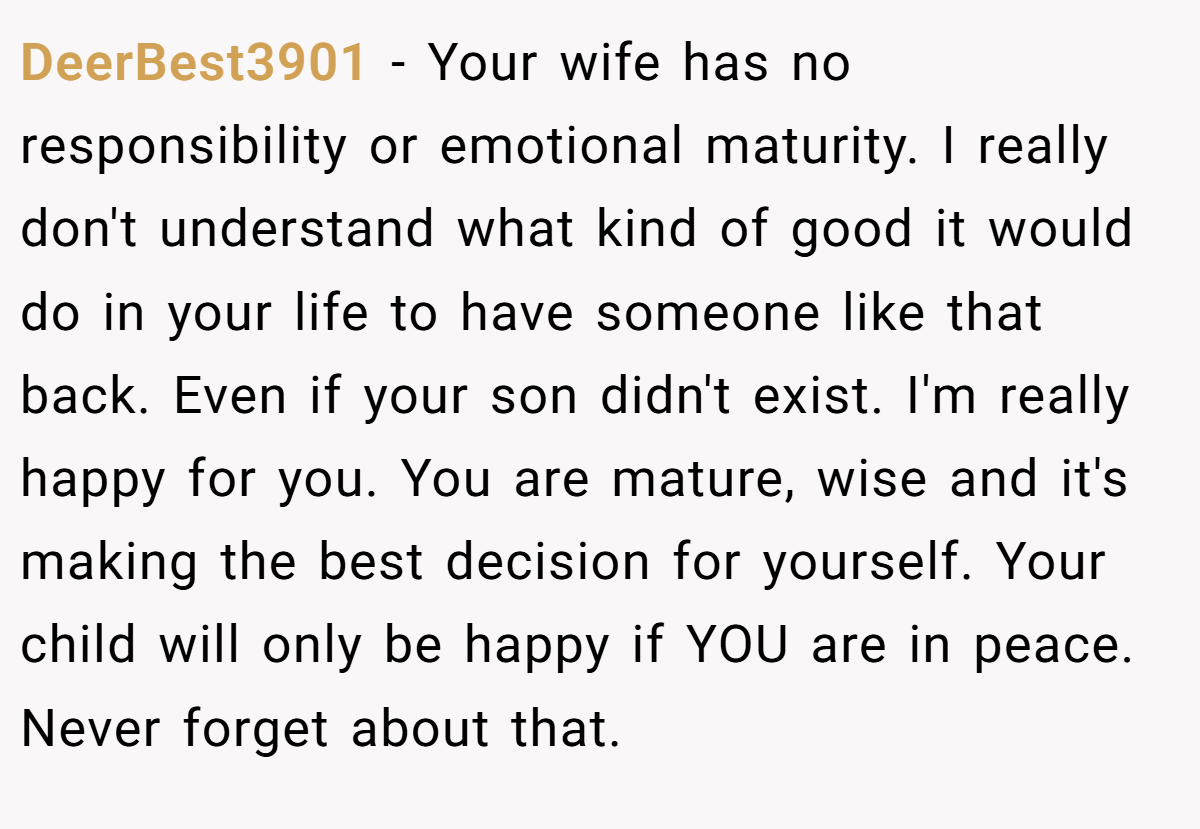 DeerBest3901 − Your wife has no responsibility or emotional maturity. I really don't understand what kind of good it would do in your life to have someone like that back. Even if your son didn't exist. I'm really happy for you. You are mature, wise and it's making the best decision for yourself. Your child will only be happy if YOU are in peace. Never forget about that.