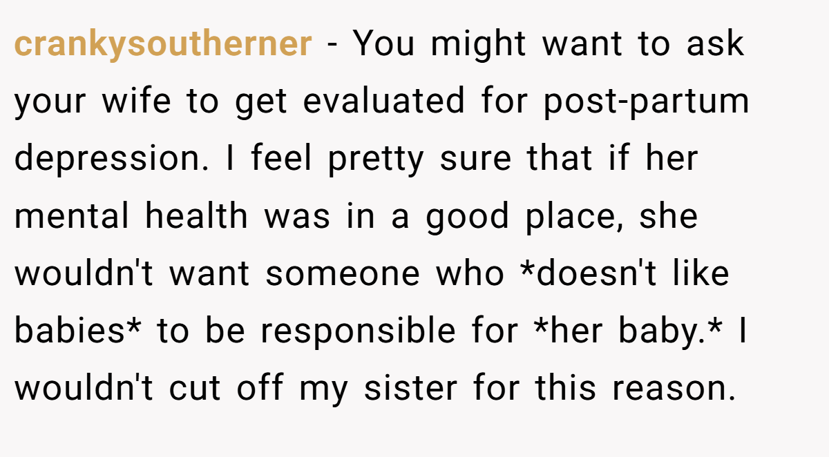 crankysoutherner − You might want to ask your wife to get evaluated for post-partum depression. I feel pretty sure that if her mental health was in a good place, she wouldn't want someone who *doesn't like babies* to be responsible for *her baby.* I wouldn't cut off my sister for this reason.
