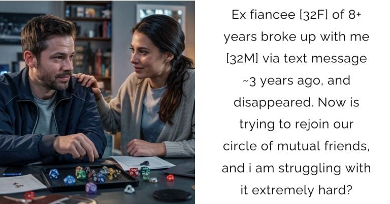 Ex fiancee [32F] of 8+ years broke up with me [32M] via text message ~3 years ago, and disappeared. Now is trying to rejoin our circle of mutual friends, and i am struggling with it extremely hard?