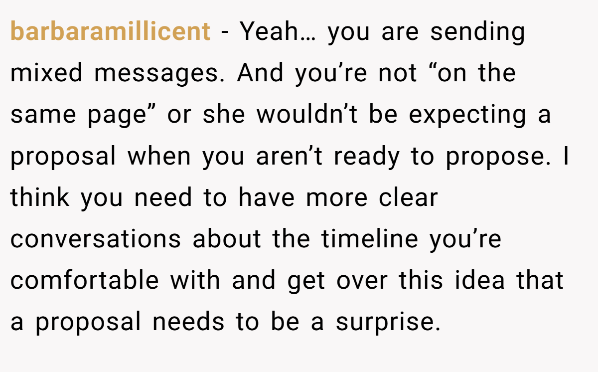 barbaramillicent − Yeah… you are sending mixed messages. And you’re not “on the same page” or she wouldn’t be expecting a proposal when you aren’t ready to propose. I think you need to have more clear conversations about the timeline you’re comfortable with and get over this idea that a proposal needs to be a surprise.