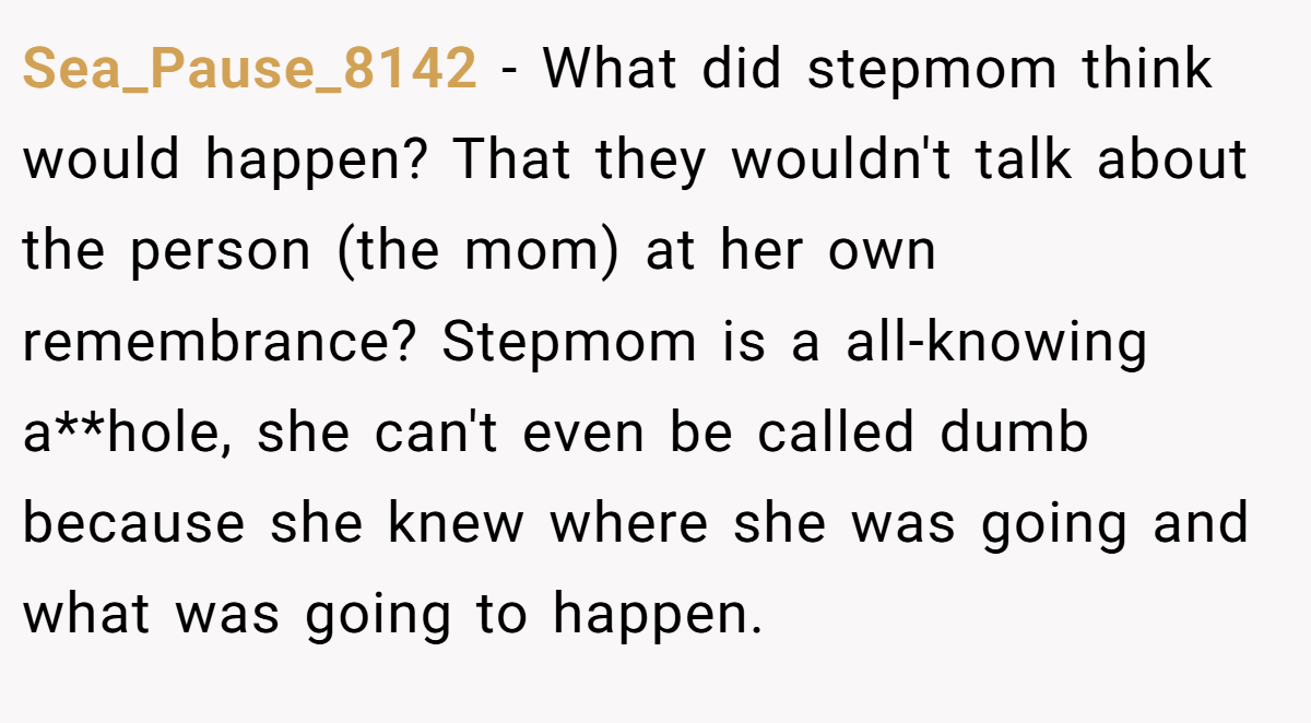 Sea_Pause_8142 − What did stepmom think would happen? That they wouldn't talk about the person (the mom) at her own remembrance? Stepmom is a all-knowing a**hole, she can't even be called dumb because she knew where she was going and what was going to happen.