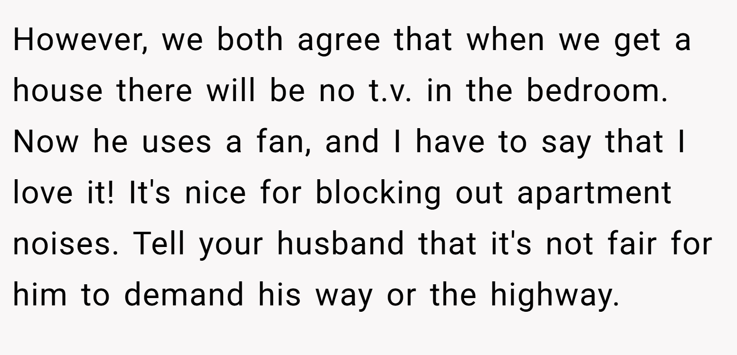 However, we both agree that when we get a house there will be no t.v. in the bedroom. Now he uses a fan, and I have to say that I love it! It's nice for blocking out apartment noises. Tell your husband that it's not fair for him to demand his way or the highway.