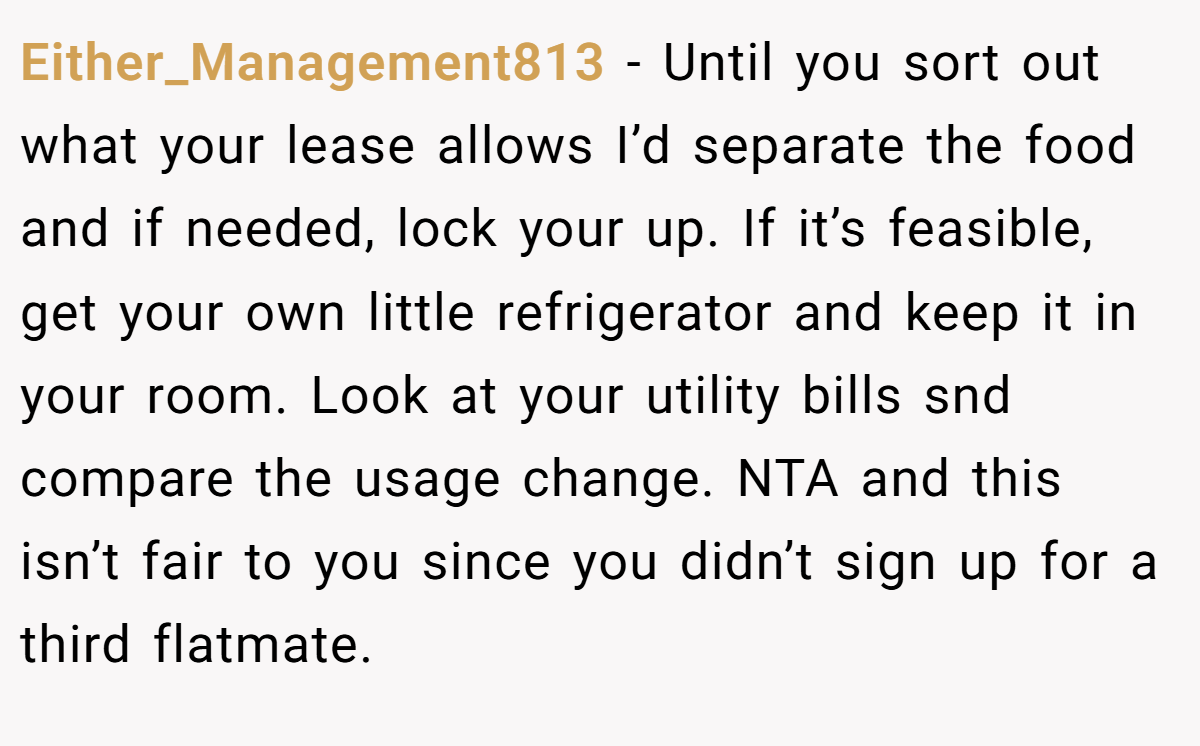 Either_Management813 − Until you sort out what your lease allows I’d separate the food and if needed, lock your up. If it’s feasible, get your own little refrigerator and keep it in your room. Look at your utility bills snd compare the usage change. NTA and this isn’t fair to you since you didn’t sign up for a third flatmate.