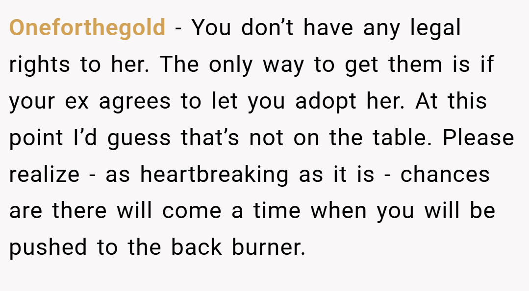 Oneforthegold − You don’t have any legal rights to her. The only way to get them is if your ex agrees to let you adopt her. At this point I’d guess that’s not on the table. Please realize - as heartbreaking as it is - chances are there will come a time when you will be pushed to the back burner.