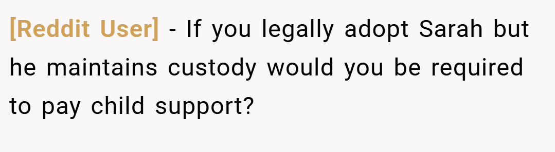 [Reddit User] − If you legally adopt Sarah but he maintains custody would you be required to pay child support?