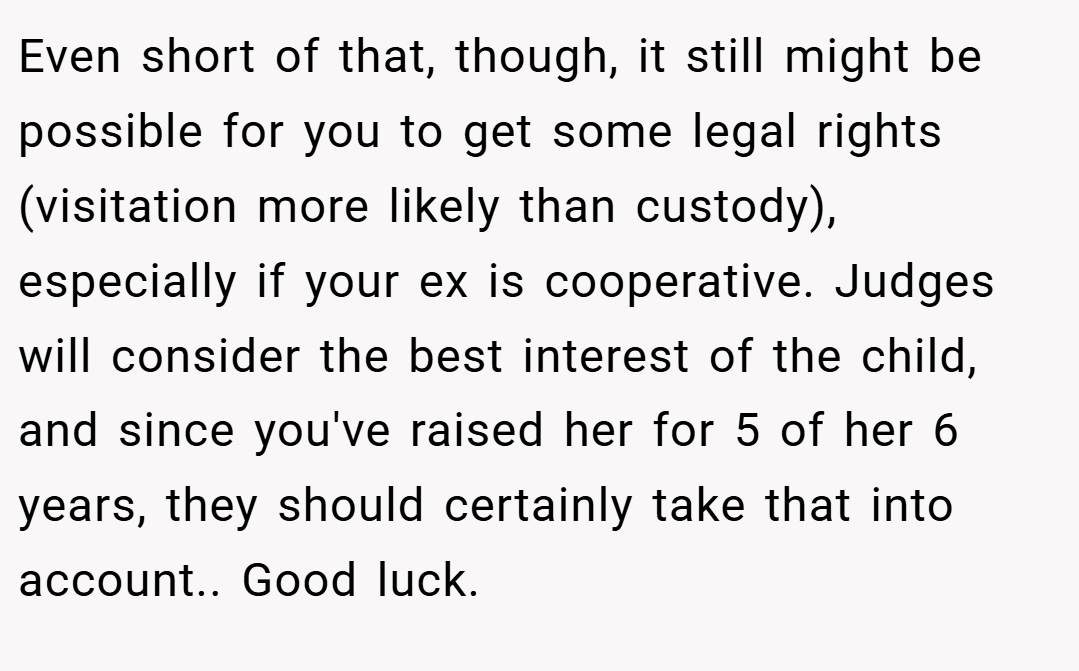 Even short of that, though, it still might be possible for you to get some legal rights (visitation more likely than custody), especially if your ex is cooperative. Judges will consider the best interest of the child, and since you've raised her for 5 of her 6 years, they should certainly take that into account.. Good luck.