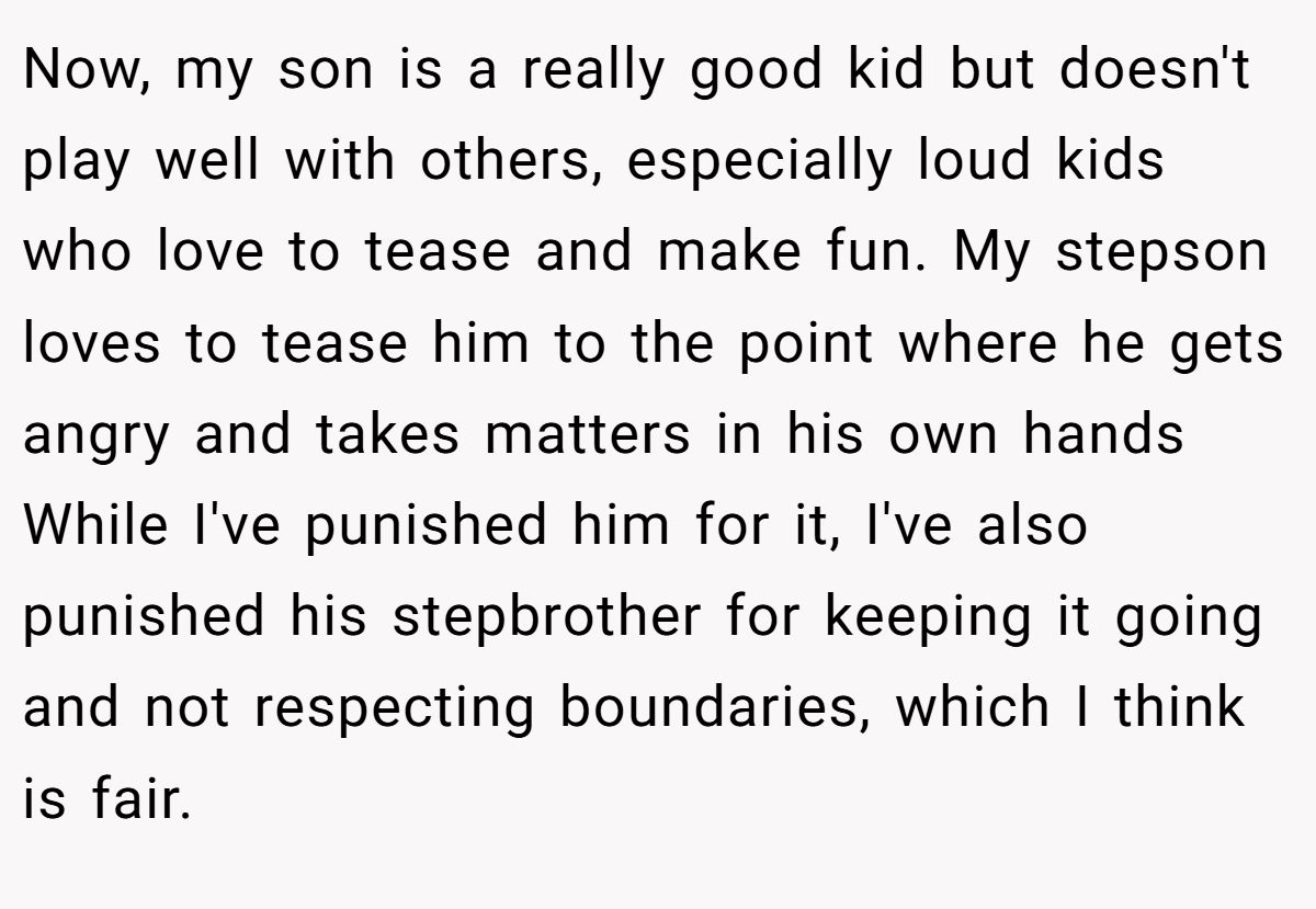 Now, my son is a really good kid but doesn't play well with others, especially loud kids who love to tease and make fun. My stepson loves to tease him to the point where he gets angry and takes matters in his own hands While I've punished him for it, I've also punished his stepbrother for keeping it going and not respecting boundaries, which I think is fair.