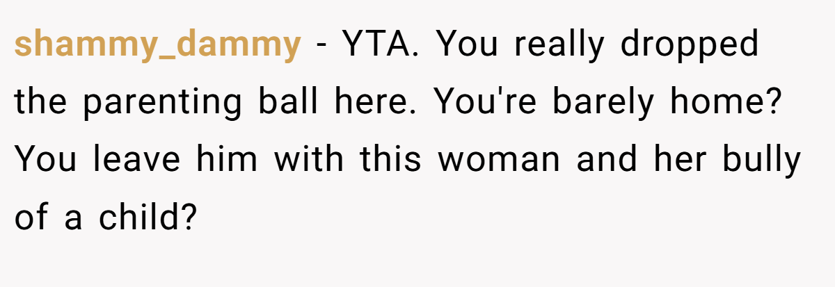 shammy_dammy − YTA. You really dropped the parenting ball here. You're barely home? You leave him with this woman and her bully of a child?
