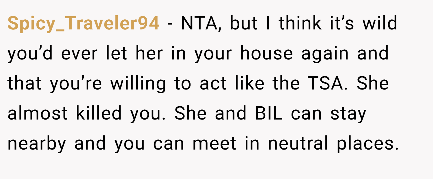 Spicy_Traveler94 − NTA, but I think it’s wild you’d ever let her in your house again and that you’re willing to act like the TSA. She almost killed you. She and BIL can stay nearby and you can meet in neutral places.