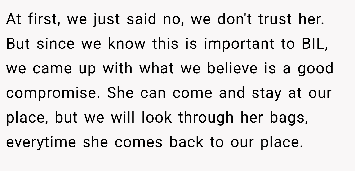 At first, we just said no, we don't trust her. But since we know this is important to BIL, we came up with what we believe is a good compromise. She can come and stay at our place, but we will look through her bags, everytime she comes back to our place.