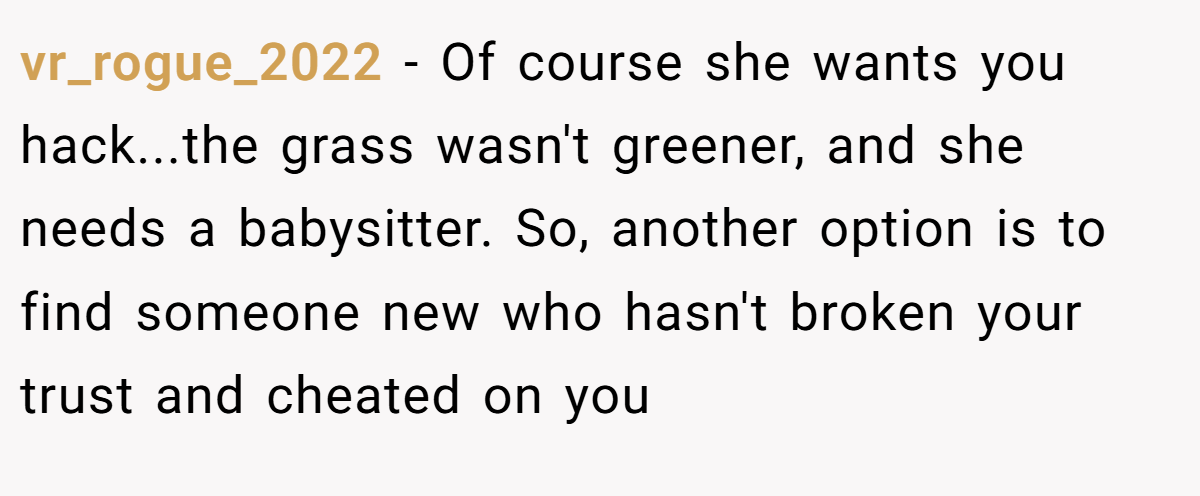vr_rogue_2022 − Of course she wants you hack...the grass wasn't greener, and she needs a babysitter. So, another option is to find someone new who hasn't broken your trust and cheated on you