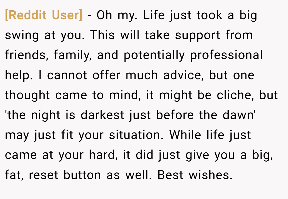 [Reddit User] − Oh my. Life just took a big swing at you. This will take support from friends, family, and potentially professional help. I cannot offer much advice, but one thought came to mind, it might be cliche, but 'the night is darkest just before the dawn' may just fit your situation. While life just came at your hard, it did just give you a big, fat, reset button as well. Best wishes.