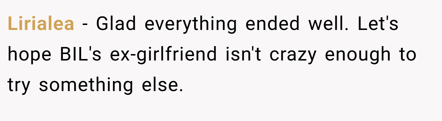Lirialea − Glad everything ended well. Let's hope BIL's ex-girlfriend isn't crazy enough to try something else.