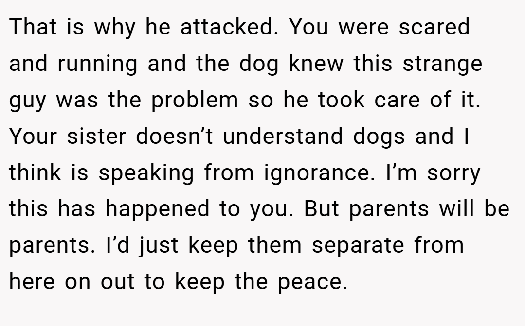 That is why he attacked. You were scared and running and the dog knew this strange guy was the problem so he took care of it. Your sister doesn’t understand dogs and I think is speaking from ignorance. I’m sorry this has happened to you. But parents will be parents. I’d just keep them separate from here on out to keep the peace.
